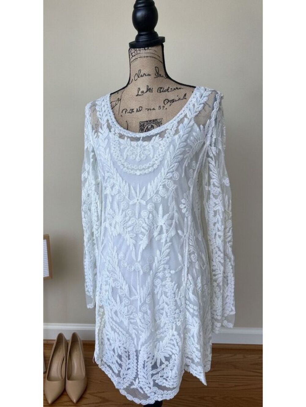 THRIFT | XOXO White Floral Lace Long Sleeve Illusion Mesh Mini Dress